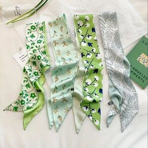 4 Twilly Green Floral and Leaf Patterned Silk Scarves